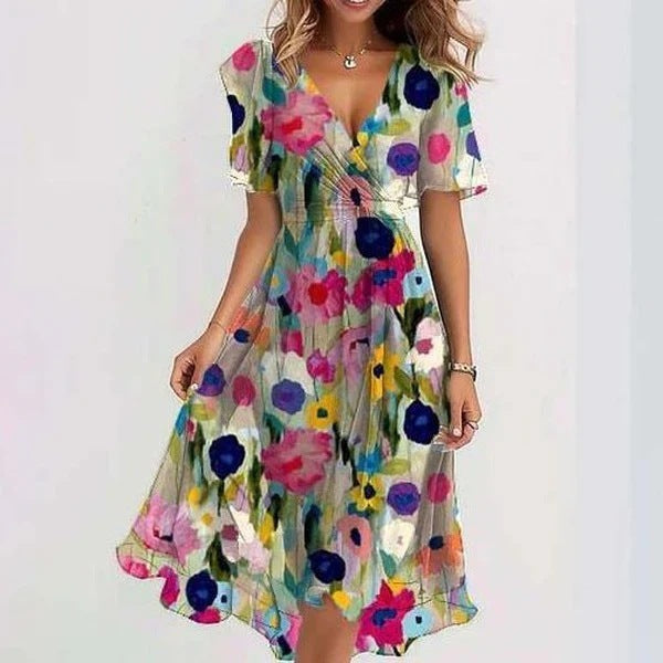 EVIA | STYLISH FLORAL DRESS WITH SHORT SLEEVES
